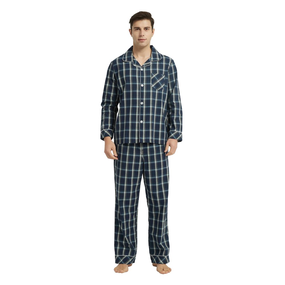 Vulcanodon Mens Cotton Pajama Set, Button Down Woven Pajama Set for Men Plaid Men's Sleepwear(Dark Blue Plaid,2XL)