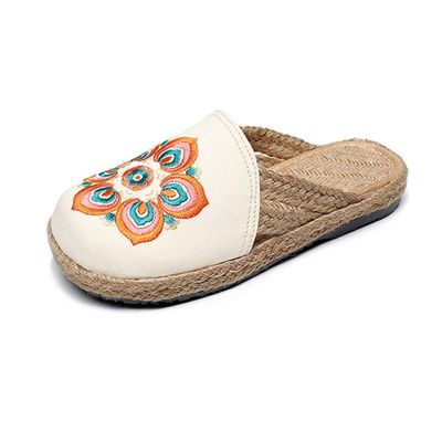 YXCKG Ladies' Slippers, Lightweight Linene Sandals Slippers,Ethnic Embroidery Shoes, Flat Slippers for Women, Indoor Breathable Outdoor Sandals, Old Beijing Cloth Shoes (Color : Beige, Size : EUR39)