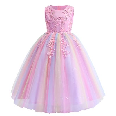 Rainbow Wedding Dresses Flower Girl Dress Bridesmaid Ball Gown Kids Princess Masquerade Dress Party Dress Pageant Formal Evening Long Maxi Lace Tulle Gowns Pink Rainbow 7-8 Years