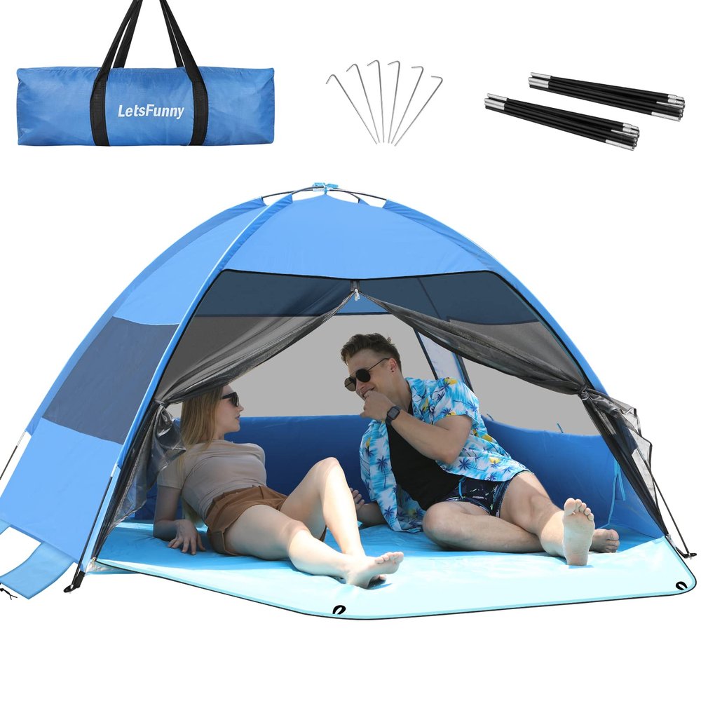 Large 3-4 Person Beach Tent - UPF 50+ Anti-UV, Easy Setup with Extended Floor & Mesh Windows, Portable for Camping Fishing (Blue)