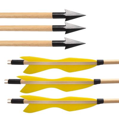 ZSHJGJR 6/12pcs Archery 31.5 Inch Traditional Wooden Arrows Turkey Feather Fletching Wooden Arrows Hunting Target Practice Arrows with Broadheads for Recurve Longbow (type2 Yellow, 12pcs)