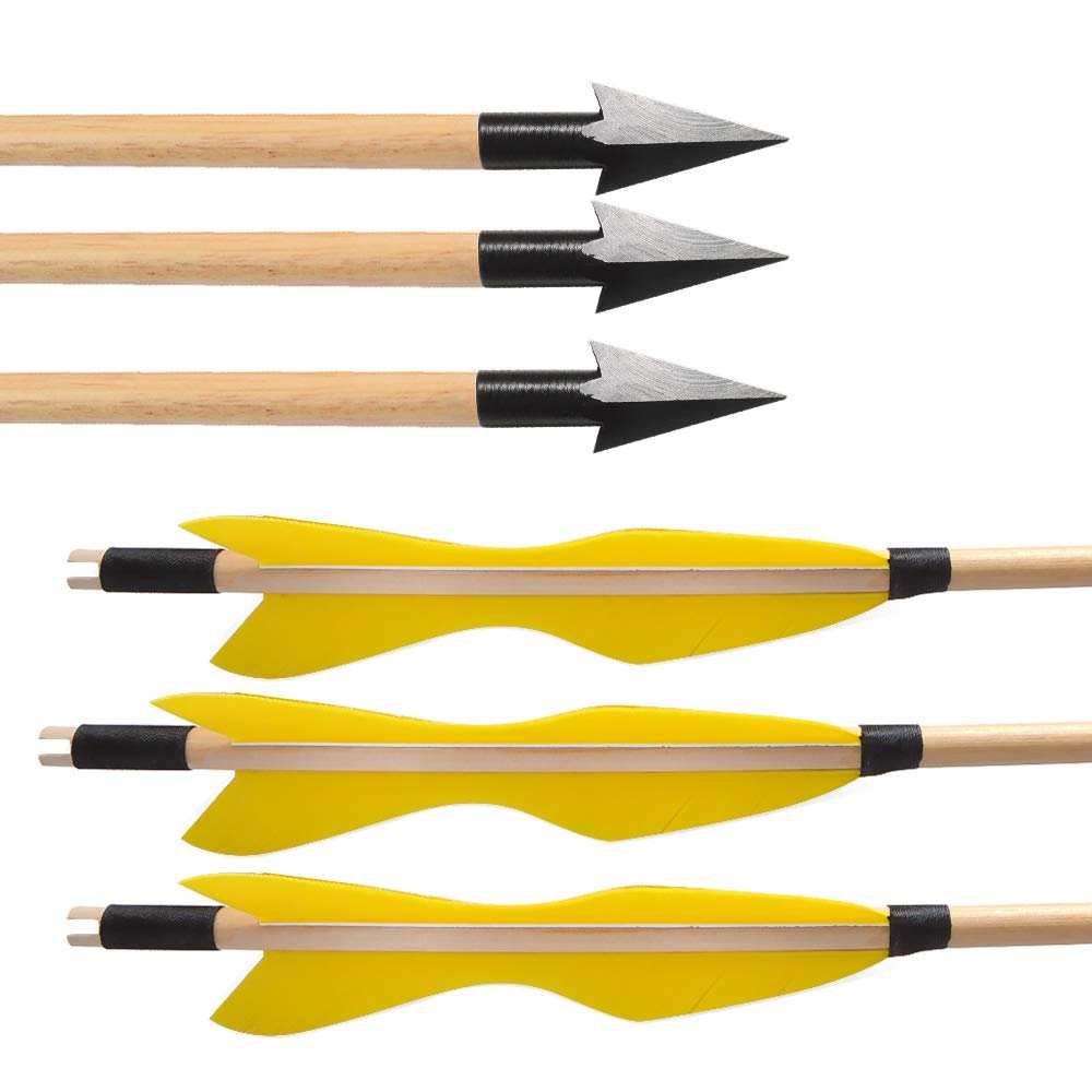 ZSHJGJR 6/12pcs Archery 31.5 Inch Traditional Wooden Arrows Turkey Feather Fletching Wooden Arrows Hunting Target Practice Arrows with Broadheads for Recurve Longbow (type2 Yellow, 12pcs)