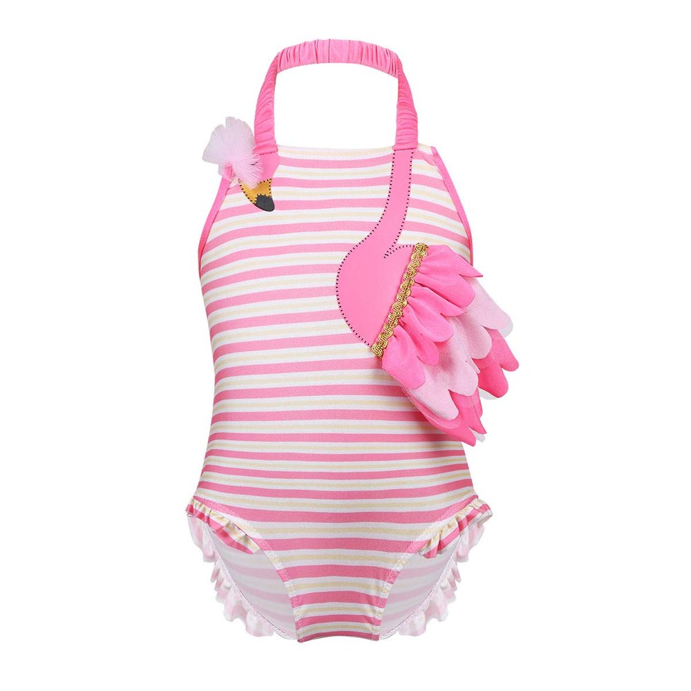 FEESHOW Baby Toddlers Girls Ruffle Flamingo Swan Halter One Pieces Swimsuit Swimwear Beachwear Bathing Suit with Cap Hot Pink 2-3