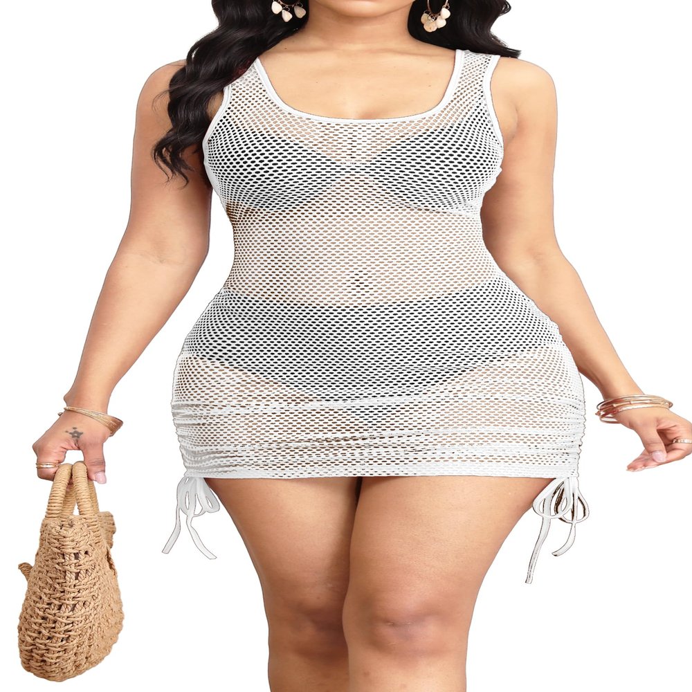 sexycherry Women's Sexy White Swimsuit Cover Ups Tank Sleeveless Mesh Beach Swimwear Dresses with Drawstrings(Medium)