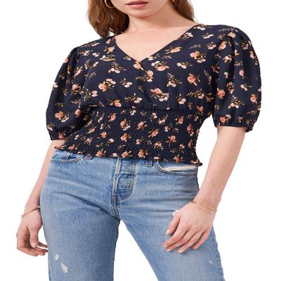 1.STATE Womens Smocked Faux Wrap Top Navy XS