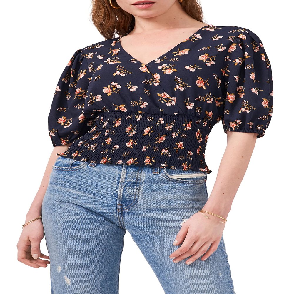 1.STATE Womens Smocked Faux Wrap Top Navy XS