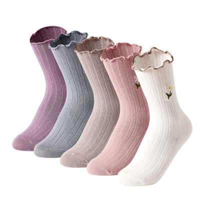 Kimkshine Womens Ruffle Socks Breathable Soft Knit Cotton Sock Cute Embroidery Flower Crew Socks 5 Pairs