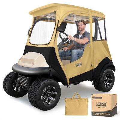 10L0L Golf Cart Deluxe Driving Enclosure for 2 Passenger Club Car Precedent/Tempo,600D Heavy Duty Oxford Cloth Waterproof Windproof and UV Block Rain Cover (Khaki Colour)