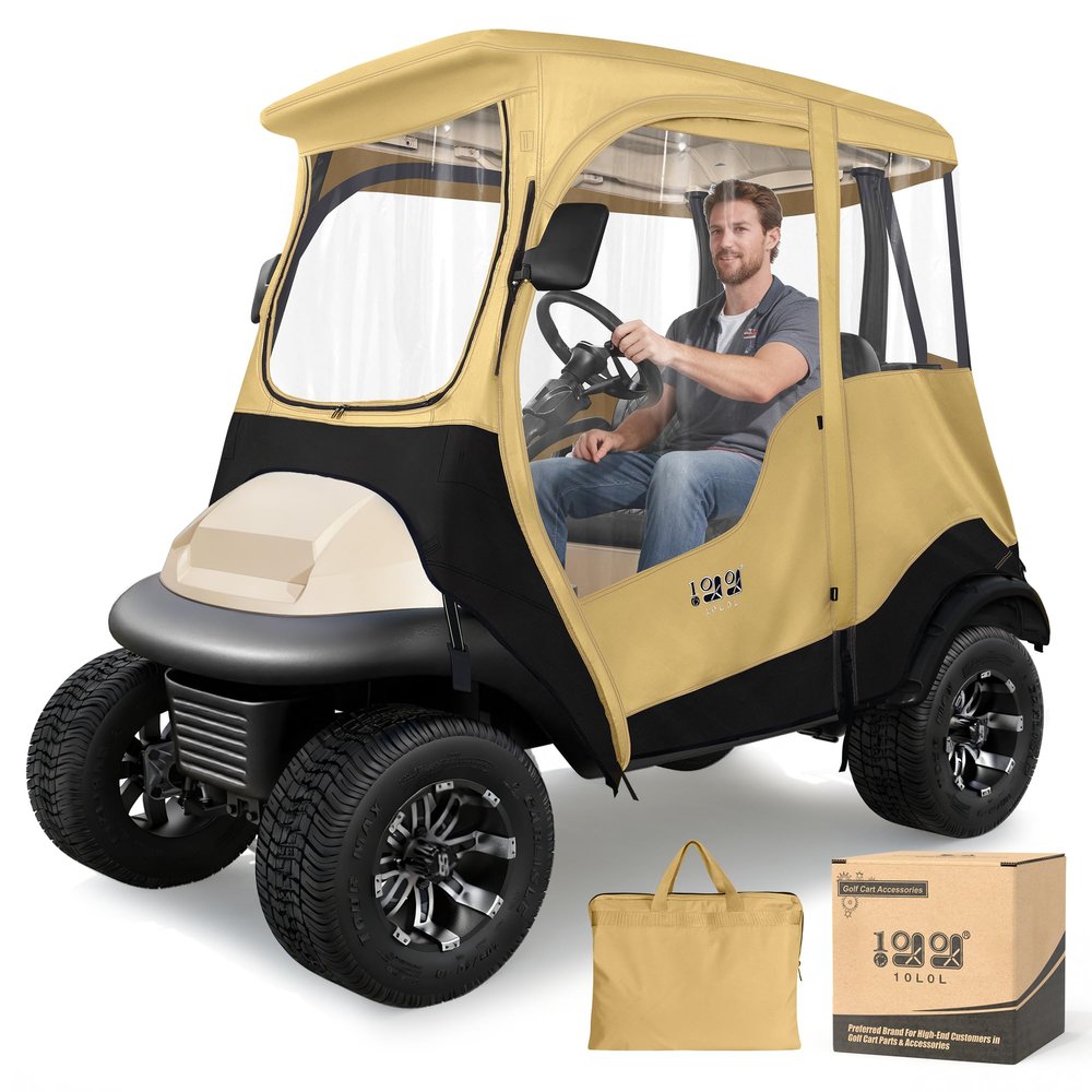 10L0L Golf Cart Deluxe Driving Enclosure for 2 Passenger Club Car Precedent/Tempo,600D Heavy Duty Oxford Cloth Waterproof Windproof and UV Block Rain Cover (Khaki Colour)
