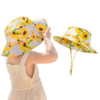 Baby Girl Sun Hats UPF 50+ Summer Beach Sun Cap with Bows Toddler Bucket Hat Adjustable Size (Yellow Flower, 3-5Years)