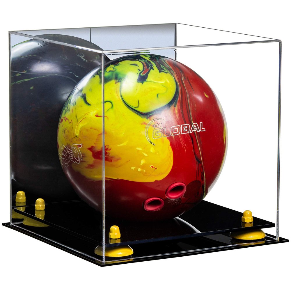 Better Display Cases Acrylic Bowling Ball Display Case with Mirror Case, Yellow Risers and Black Base (B33/A028)