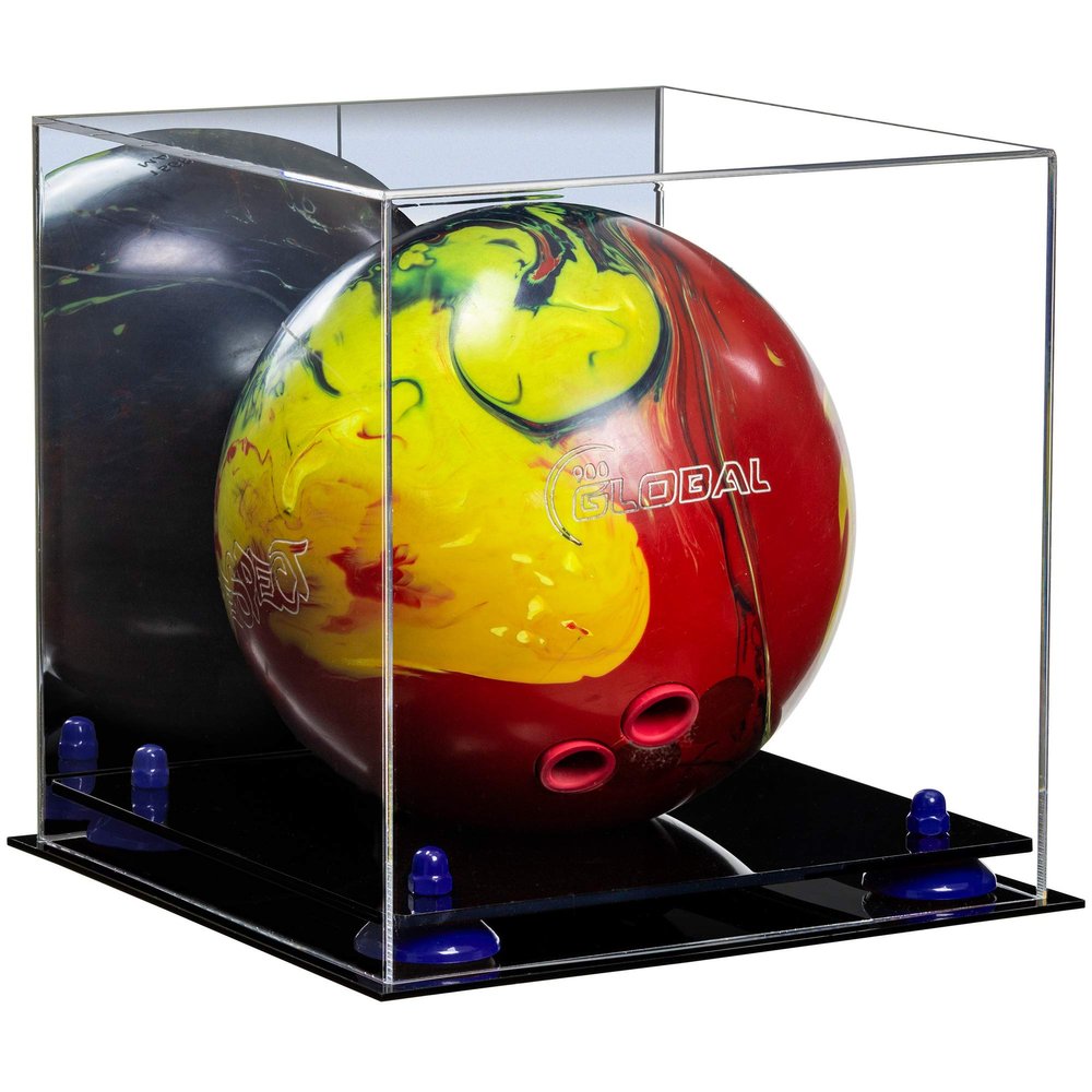 Better Display Cases Acrylic Bowling Ball Display Case with Mirror Case, Navy Blue Risers and Black Base (B33/A028)