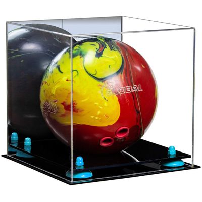 Better Display Cases Acrylic Bowling Ball Display Case with Mirror Case, Light Blue Risers and Black Base (B33/A028)