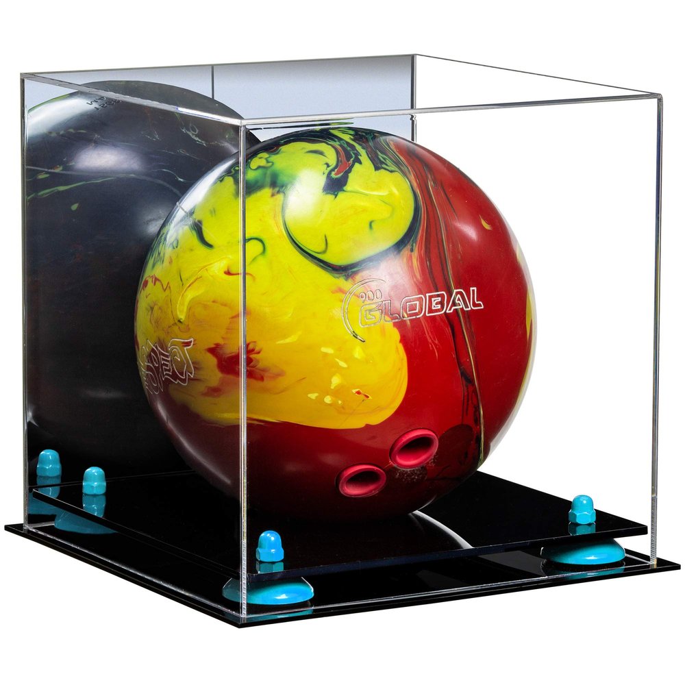 Better Display Cases Acrylic Bowling Ball Display Case with Mirror Case, Light Blue Risers and Black Base (B33/A028)