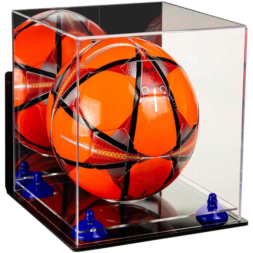 Better Display Cases Acrylic Display Case for Collectibles, Full Size Soccer Ball Display Case,Navy Blue Risers & Clear Base,WM, Handcrafted Showcase Box.DIM;9.75" L x 9.75" W x 9.75" H.(B02/A027)