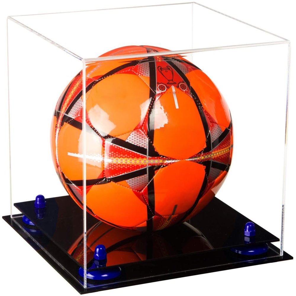 Better Display Cases Acrylic Display Case for Collectibles, Full Size Soccer Ball Display Case,Navy Blue Risers & Black Base, Handcrafted Showcase Box.DIM;9.75" L x 9.75" W x 9.75" H.(B02/A027)