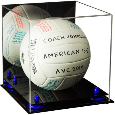 Better Display Cases Acrylic Volleyball Display Case with Mirror Case, Navy Blue Risers and Black Base (B02/A027)