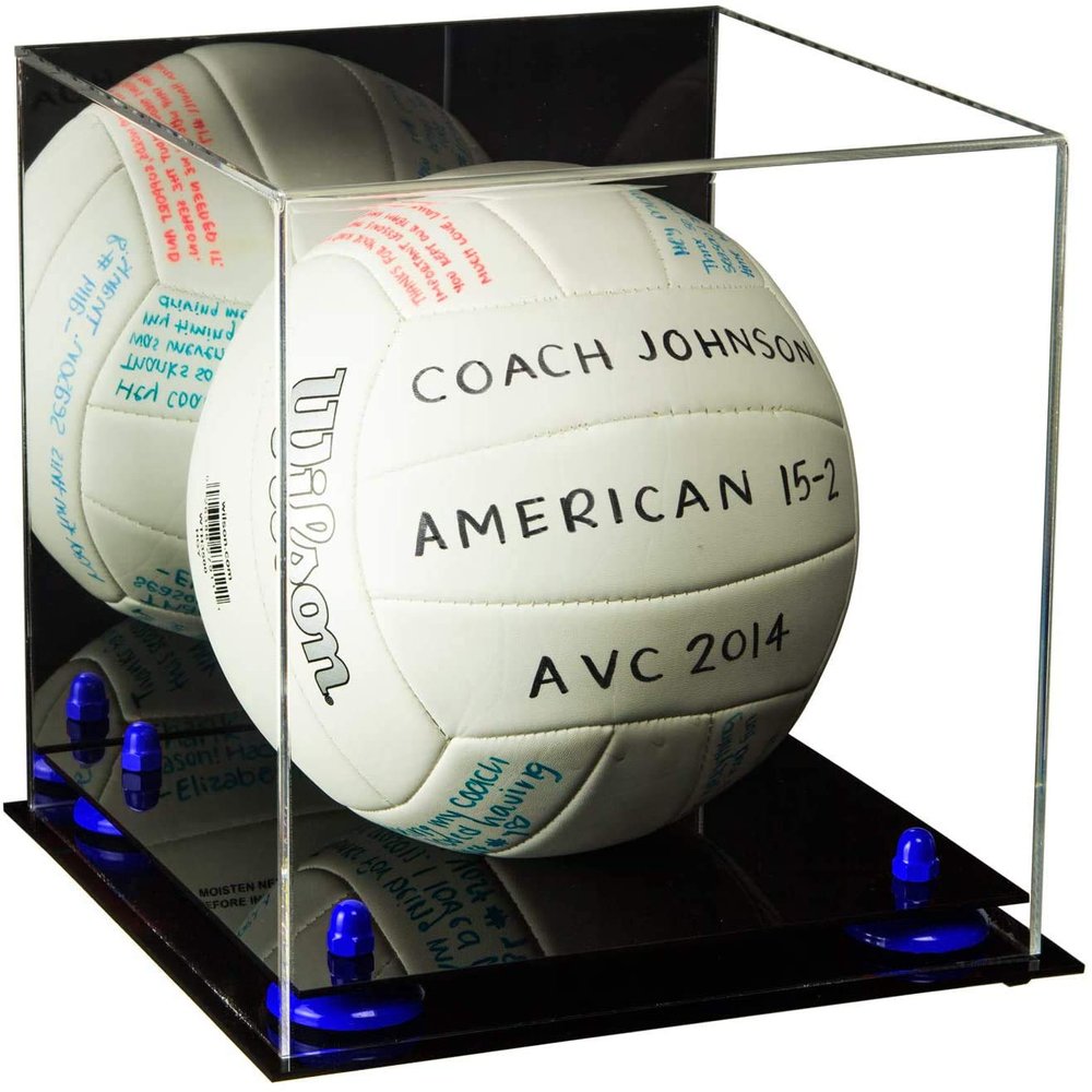 Better Display Cases Acrylic Volleyball Display Case with Mirror Case, Navy Blue Risers and Black Base (B02/A027)