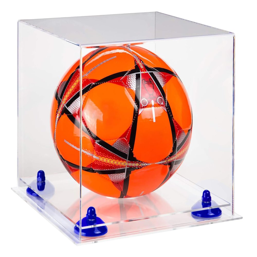 Better Display Cases Acrylic Display Case for Collectibles, Full Size Soccer Ball Display Case,Navy Blue Risers & Clear Base, Handcrafted Showcase Box.DIM;9.75" L x 9.75" W x 9.75" H. (B02/A027)