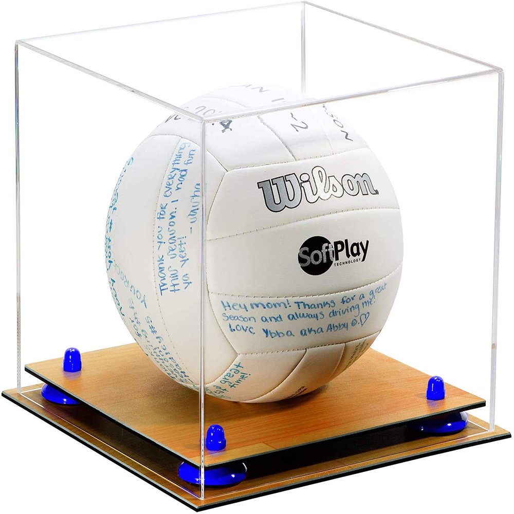 Better Display Cases Acrylic Volleyball Display Case with Clear Case, Dark Blue Risers and Wood Base (B02/A027)