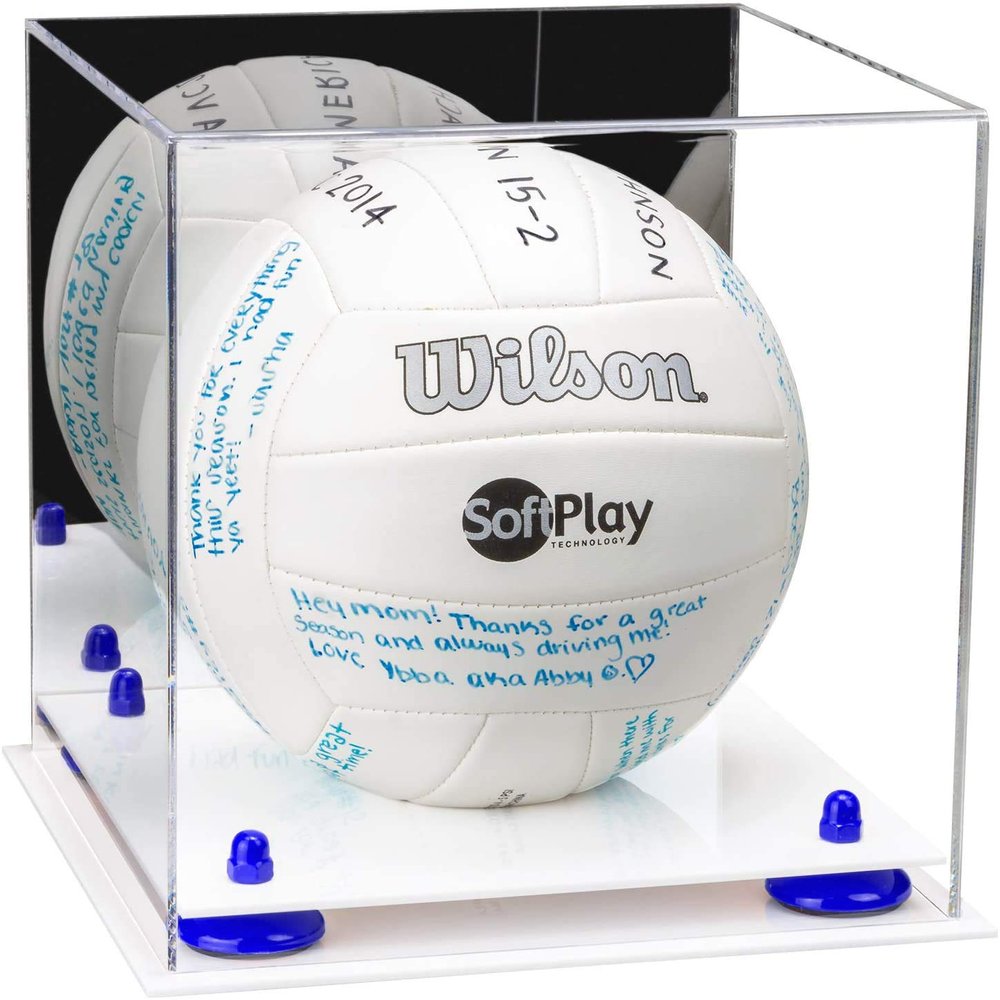 Better Display Cases Acrylic Volleyball Display Case with Mirror Case, Navy Blue Risers and White Base (B02/A027)