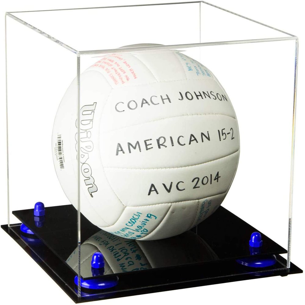 Better Display Cases Acrylic Volleyball Display Case with Clear Case, Navy Blue Risers and Black Base (B02/A027)