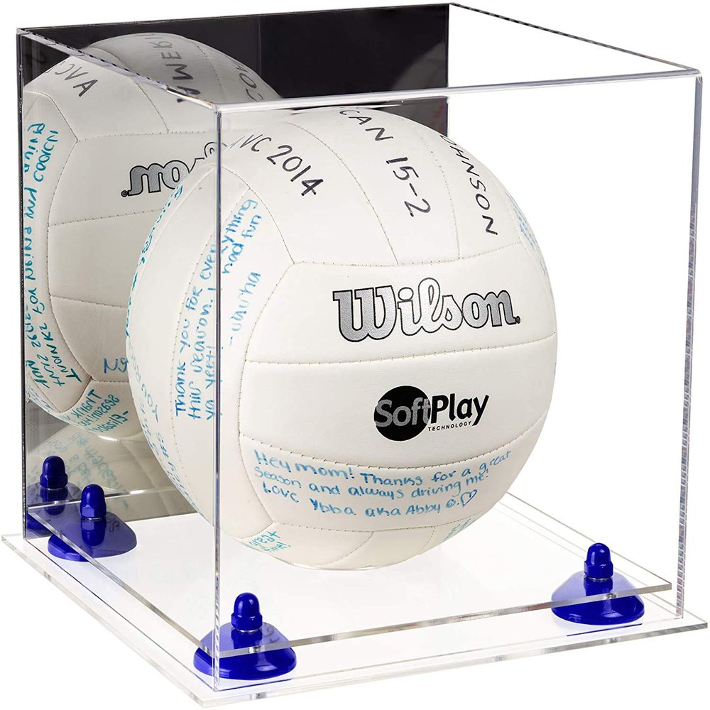 Better Display Cases Acrylic Volleyball Display Case with Mirror Case, Navy Blue Risers and Clear Base (B02/A027)