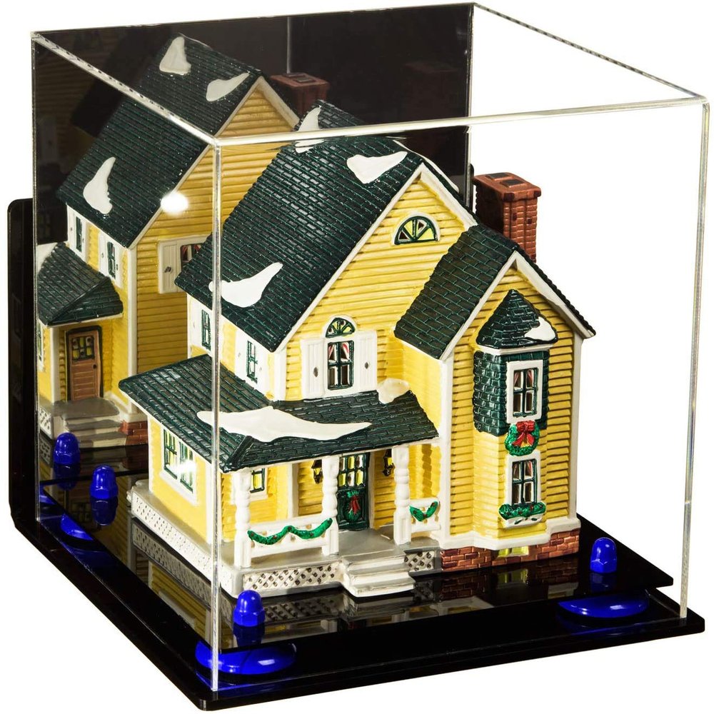 Better Display Cases Acrylic Versatile Display Case Display Case - Medium Square Box with Mirror Case, Dark Blue Risers, Wall Mount and Black Base 9.75" x 9.75" x 9.75" (V02/A027)