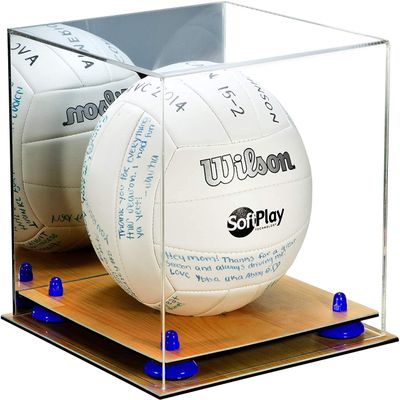 Better Display Cases Acrylic Volleyball Display Case with Mirror Case, Dark Blue Risers and Wood Base (B02/A027)