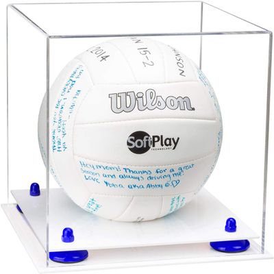 Better Display Cases Acrylic Volleyball Display Case with Clear Case, Navy Blue Risers and White Base (B02/A027)