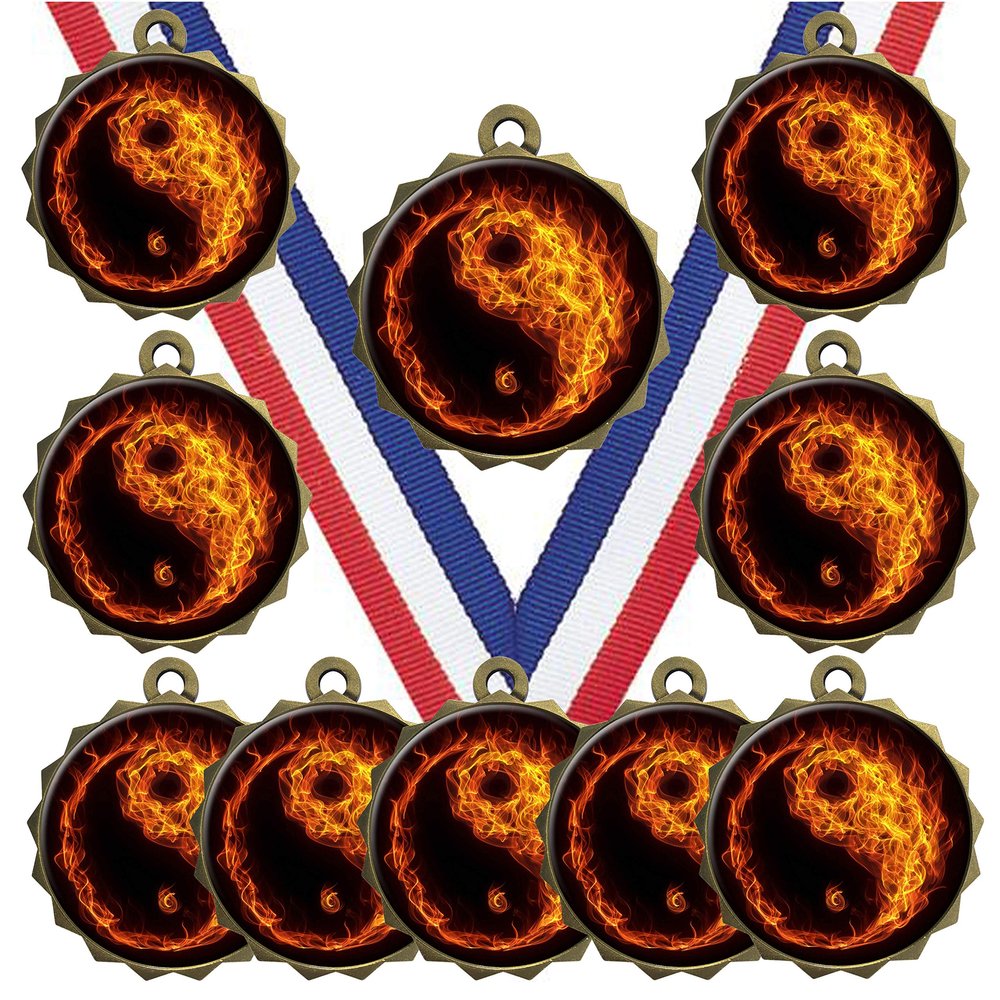 10 Pack Martial Arts Gold Medals Trophy Award with Neck Ribbons Acrylic Dome Flame Insert