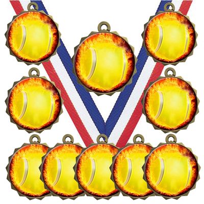 10 Pack Tennis Gold Medals Trophy Award with Neck Ribbons Acrylic Dome Flame Insert