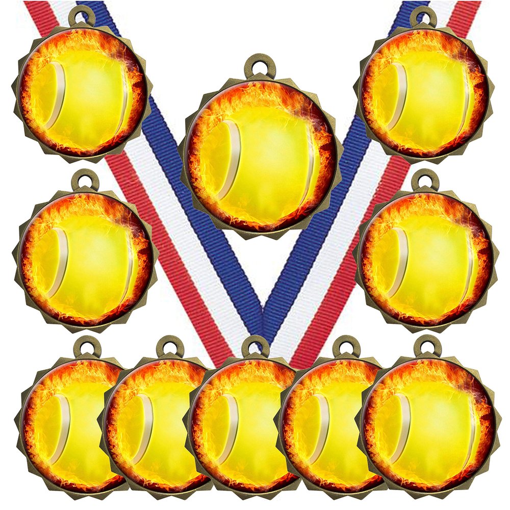 10 Pack Tennis Gold Medals Trophy Award with Neck Ribbons Acrylic Dome Flame Insert
