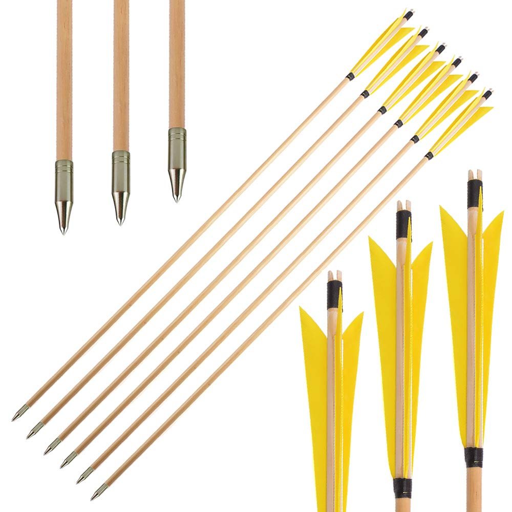 ZSHJGJR 31.5 Inch Archery Turkey Feather Fletching Wooden Arrows Traditional Hunting Arrows with Broadheads for Recurve Longbow Shooting Target Practice (type1 Yellow, 12pcs)