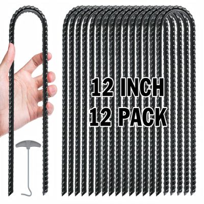 Gtongoko 12 Pack Trampoline Stakes Anchors High Wind, 12 Inch Ground Anchors Heavy Duty with T Hook, Trampoline Tie Down Anchor Kit, Ground Stakes Galvanized Steel, U Shaped, Black
