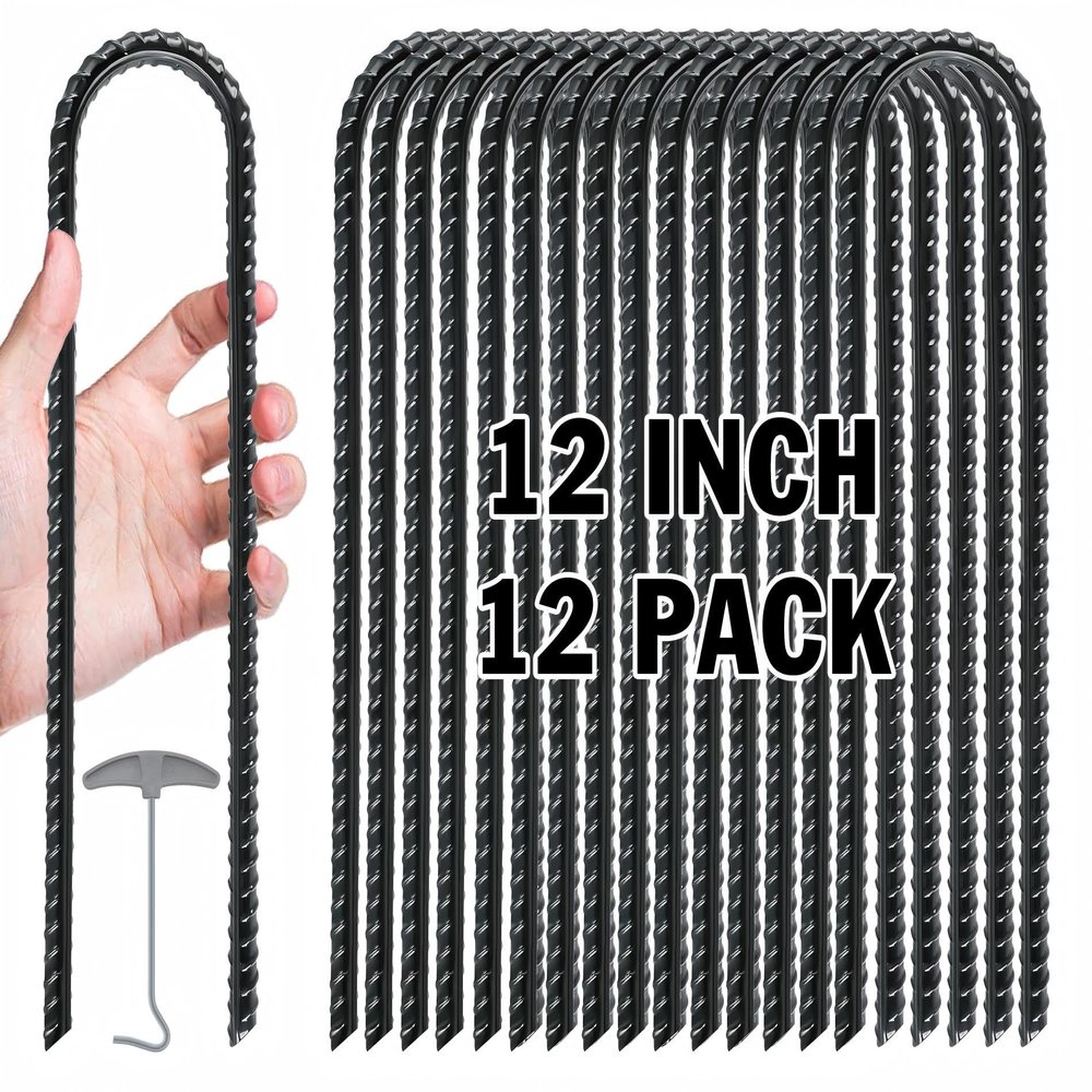 Gtongoko 12 Pack Trampoline Stakes Anchors High Wind, 12 Inch Ground Anchors Heavy Duty with T Hook, Trampoline Tie Down Anchor Kit, Ground Stakes Galvanized Steel, U Shaped, Black