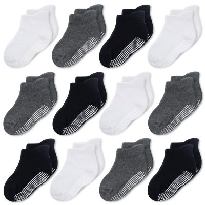 CozyWay Non-Slip Baby & Toddler Grip Socks - Non-Slip Gripper Soles - Toddler Socks With Grippers - 0-6M, Black/White/Gray, 12ct