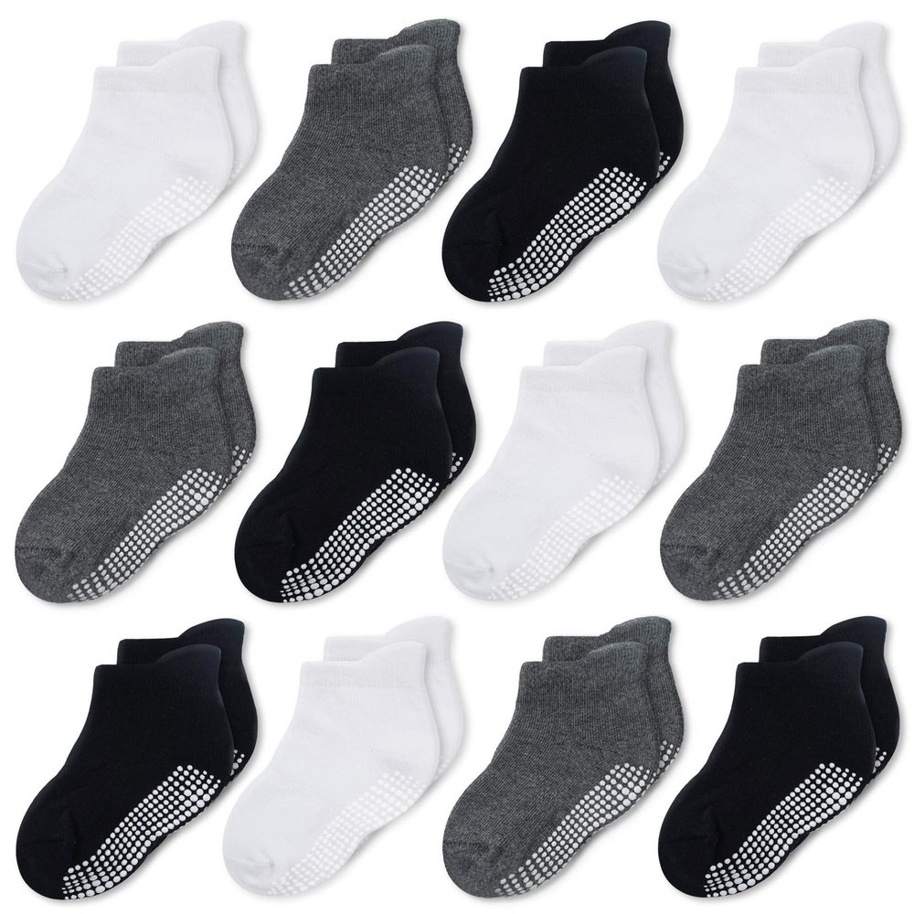 CozyWay Non-Slip Baby & Toddler Grip Socks - Non-Slip Gripper Soles - Toddler Socks With Grippers - 0-6M, Black/White/Gray, 12ct