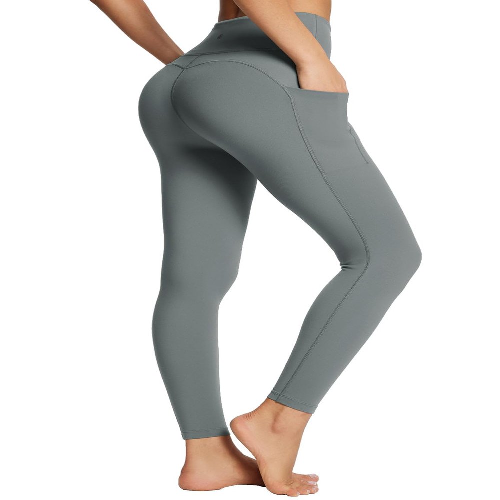 baleaf Workout Leggings for Women Tummy Control with Pockets High Waisted Athletic 7/8 Ultra Soft Gym Yoga Petite Ankle Pants Gray 2XL