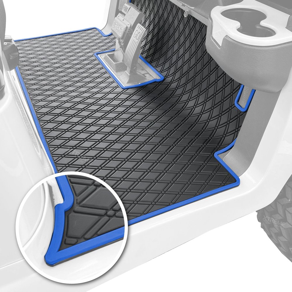 Xtreme Mats Club Car Compatible Golf Cart Mat, Full Coverage Rubber Floor Liner - Fits Club Car Models Precedent (2004-2025)/Onward & Tempo (2017-2025)/Villager & V4L (2019-2024) - Blue Trim