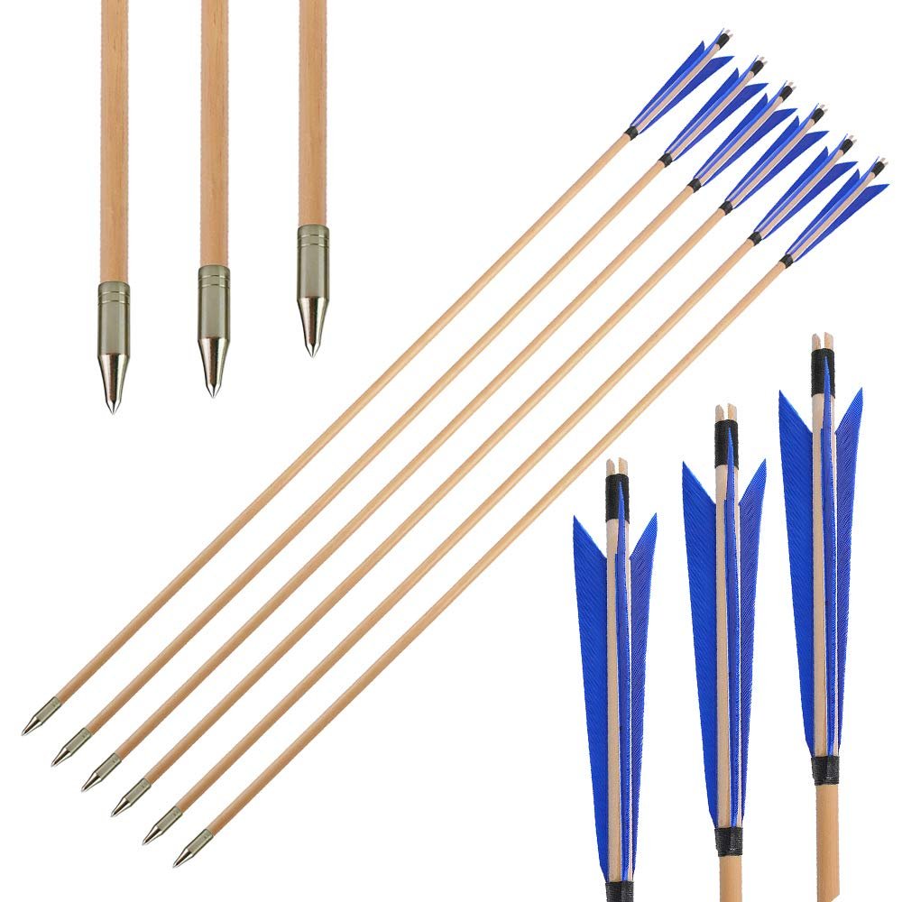 ZSHJGJR 31.5 Inch Archery Turkey Feather Fletching Wooden Arrows Traditional Hunting Arrows with Broadheads for Recurve Longbow Shooting Target Practice (type1 Blue, 12pcs)