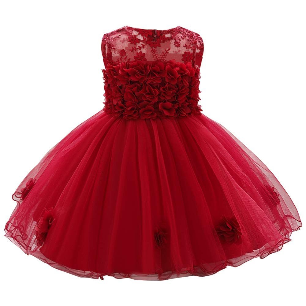 Baby Girls Dress Formal Tutu Gowns Floral Embroidered Lace Pageant Birthday Party for Infant Toddler Christening Baptism Communion Dance Evening Sundress for Photo Shoot Wine red 12-18 Months