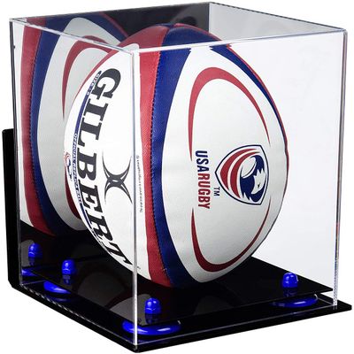Better Display Cases Acrylic Rugby Ball Display Case Vertical with Mirror Case, Dark Blue Risers, Wall Mount and Black Base (A060/B42)