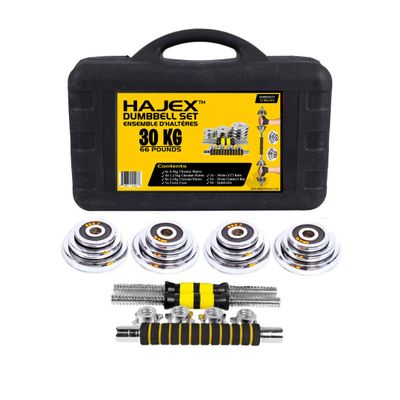 30KG Cast Iron Adjustable Dumbbell Set, Yellow Free Weights Dumbbells Set with Connecting Rod for Home, Gym, Office Exercise Training