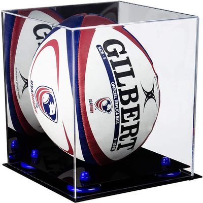 Better Display Cases Acrylic Rugby Ball Display Case Vertical with Mirror Case, Navy Blue Risers and Black Base (B42/A060)