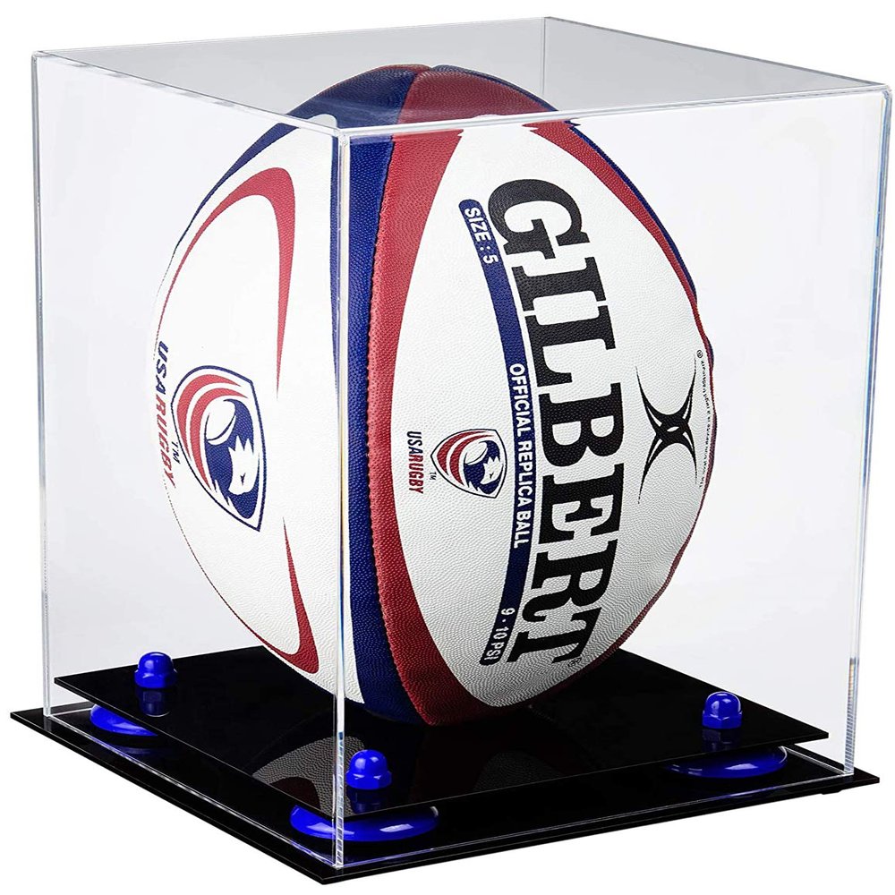 Better Display Cases Acrylic Rugby Ball Display Case Vertical with Clear Case, Navy Blue Risers and Black Base (B42/A060)