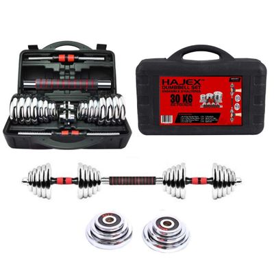 30KG Cast Iron Adjustable Dumbbell Set, Red Free Weights Dumbbells Set with Connecting Rod for Home, Gym, Office Exercise Training