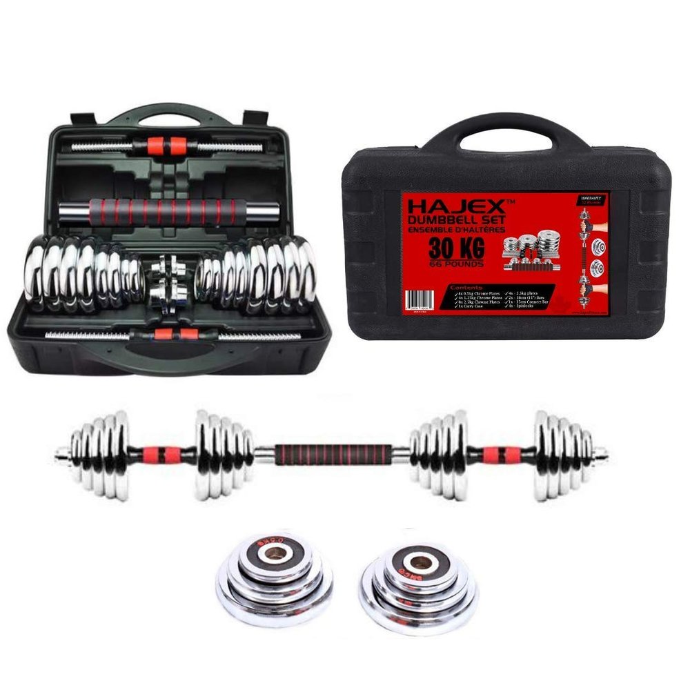 30KG Cast Iron Adjustable Dumbbell Set, Red Free Weights Dumbbells Set with Connecting Rod for Home, Gym, Office Exercise Training