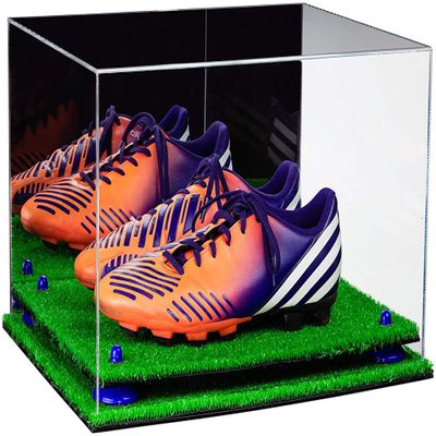 Better Display Cases Acrylic Shoe Pair Display Case - Large Rectangle Box with Mirror, Dark Blue Risers and Turf Base 15.25" x 12" x 9" (A082/V13)