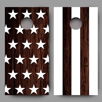 Corn Hole Decals Stars and Stripes White on Wood Looking Background Design Combo Wraps